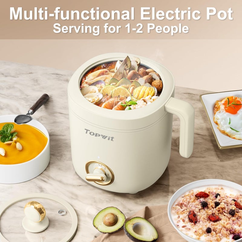 TopWit Hot Pot Electric Pot for Cooking, Ramen Cooker 1.2L, Non-Stick Portable Noodles Cooker for Pasta, Soup, Steak, Oatmeal, College Dorm Room Essentials, Shabu Shabu Pot with Power Adjustment,Beige - Image 5